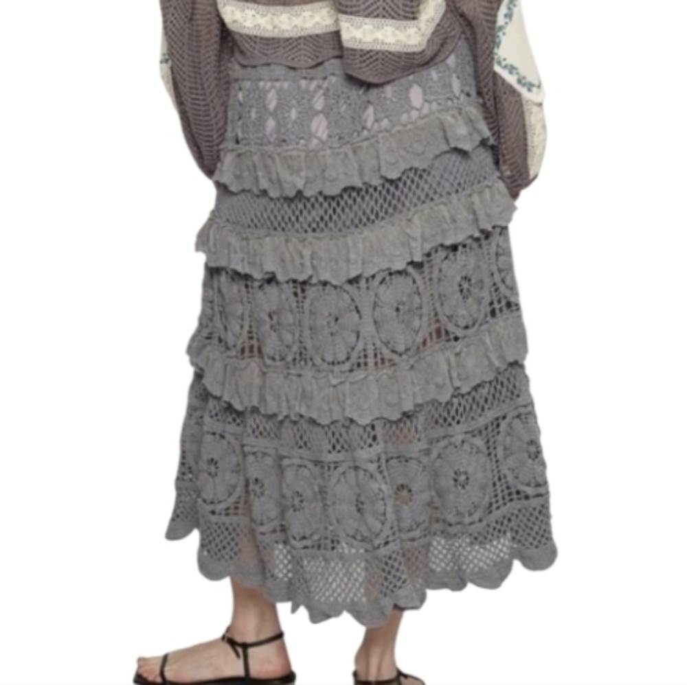 POL Gray Crocheted Ruffle Midi Skirt Size One Size NWOT - Picture 2 of 9